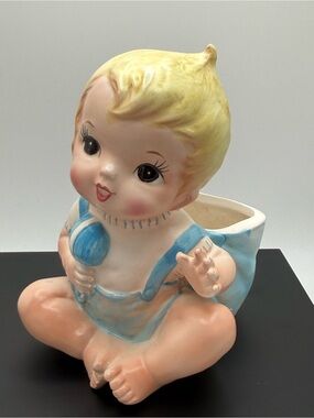 50’s-60’s Vintage Lefton Blonde Baby Figurine Planter with Blue Outfit
